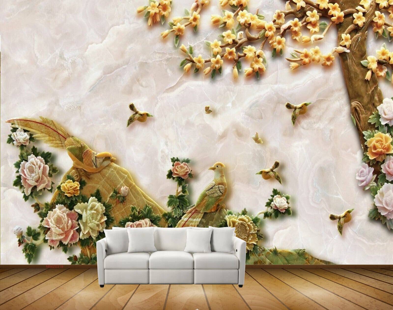 Avikalp MWZ0319 Yellow Pink Flowers Trees Birds 3D HD Wallpaper