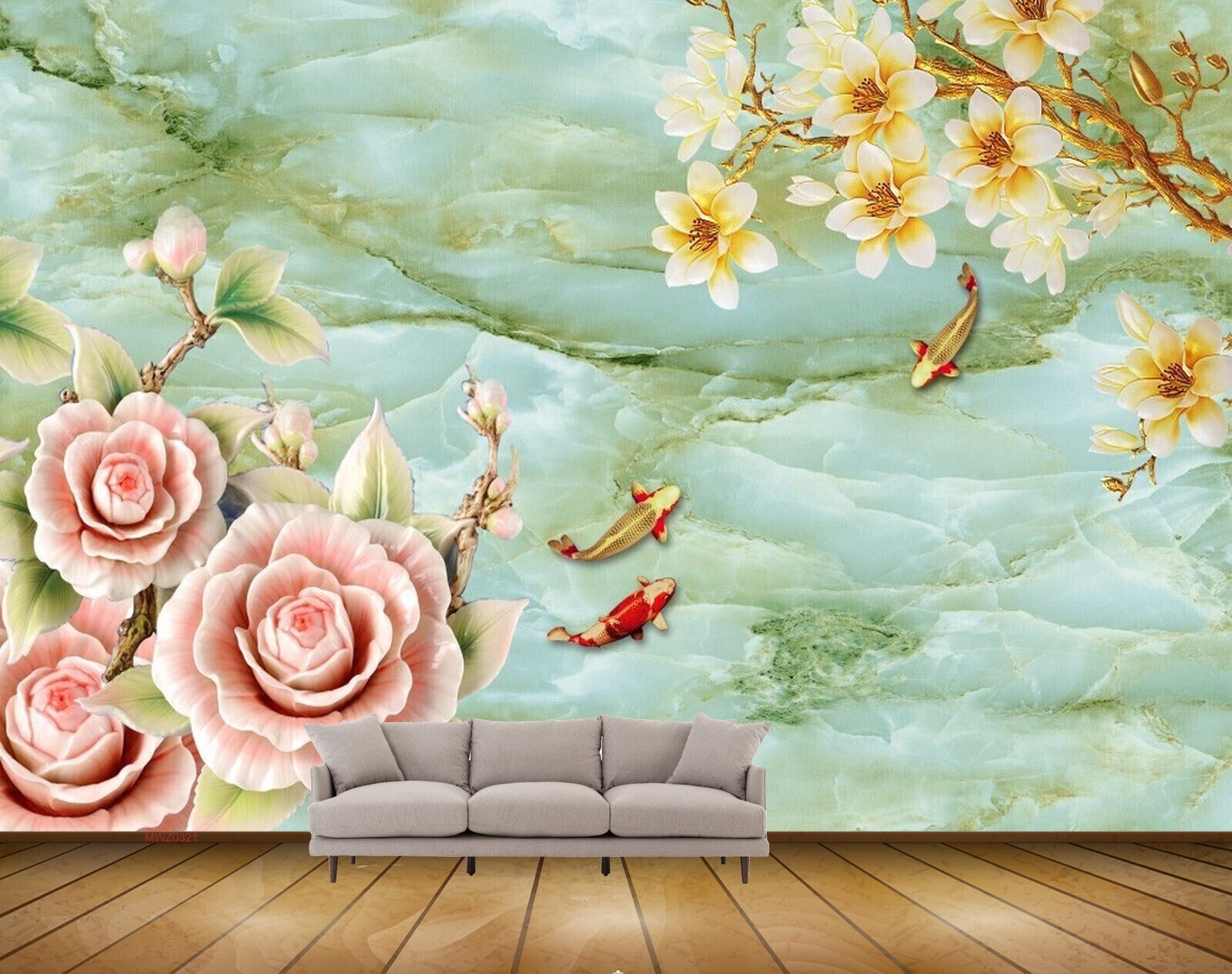 Avikalp MWZ0321 Peach Yellow Flowers Fishes 3D HD Wallpaper