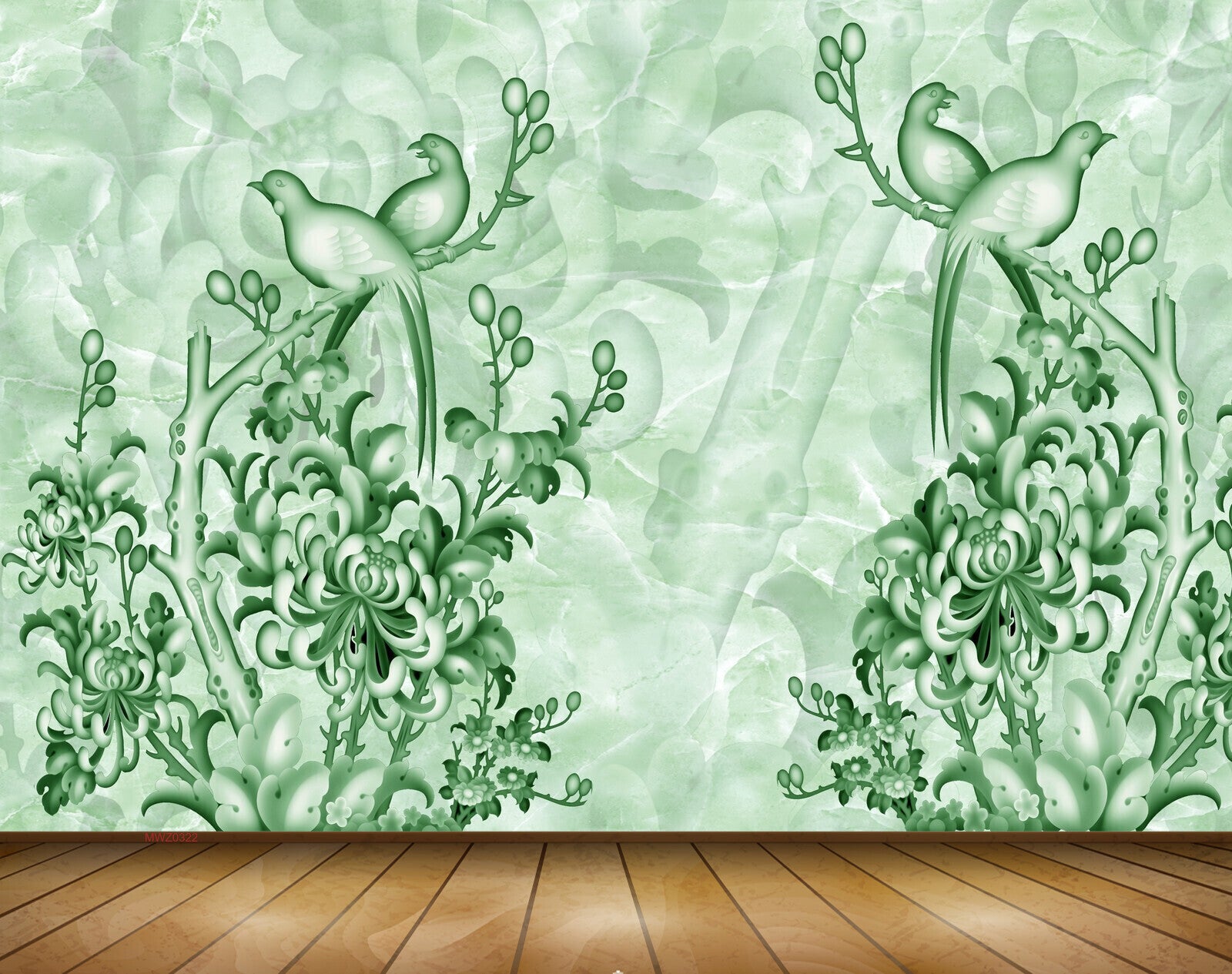 Avikalp MWZ0322 Green Birds Flowers 3D HD Wallpaper