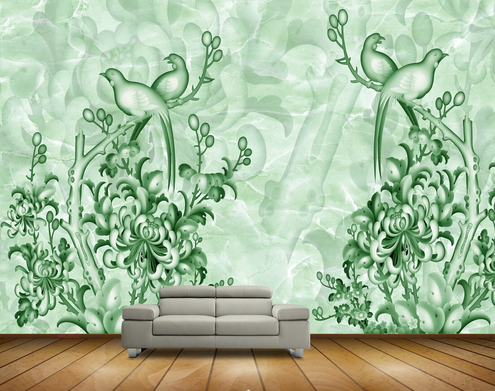 Avikalp MWZ0322 Green Birds Flowers 3D HD Wallpaper