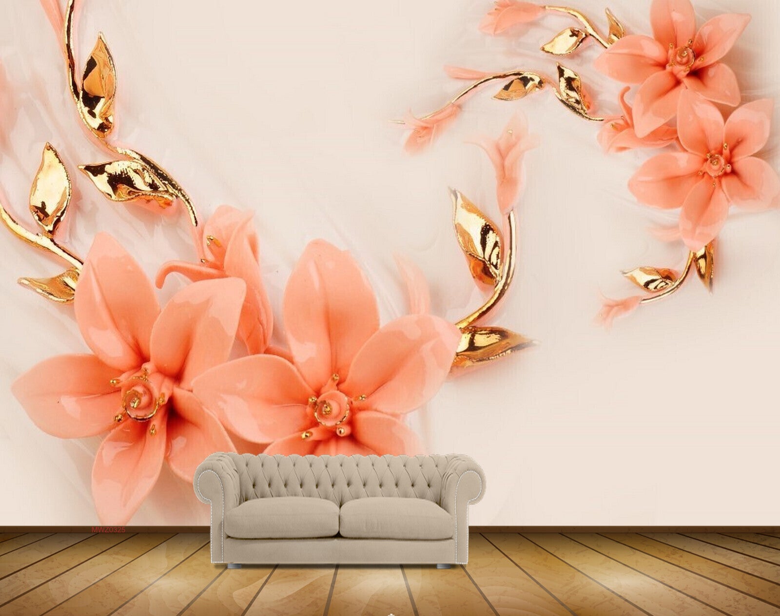 Avikalp MWZ0325 Peach Flowers Golden  3D HD Wallpaper