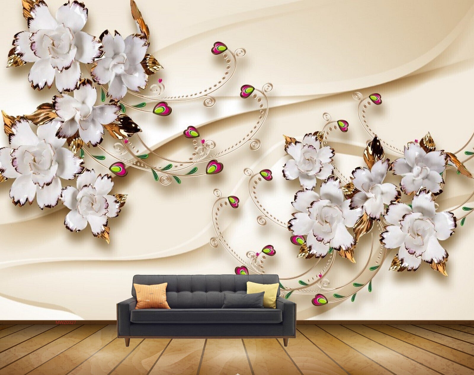 Avikalp MWZ0327 White Gold Flowers 3D HD Wallpaper