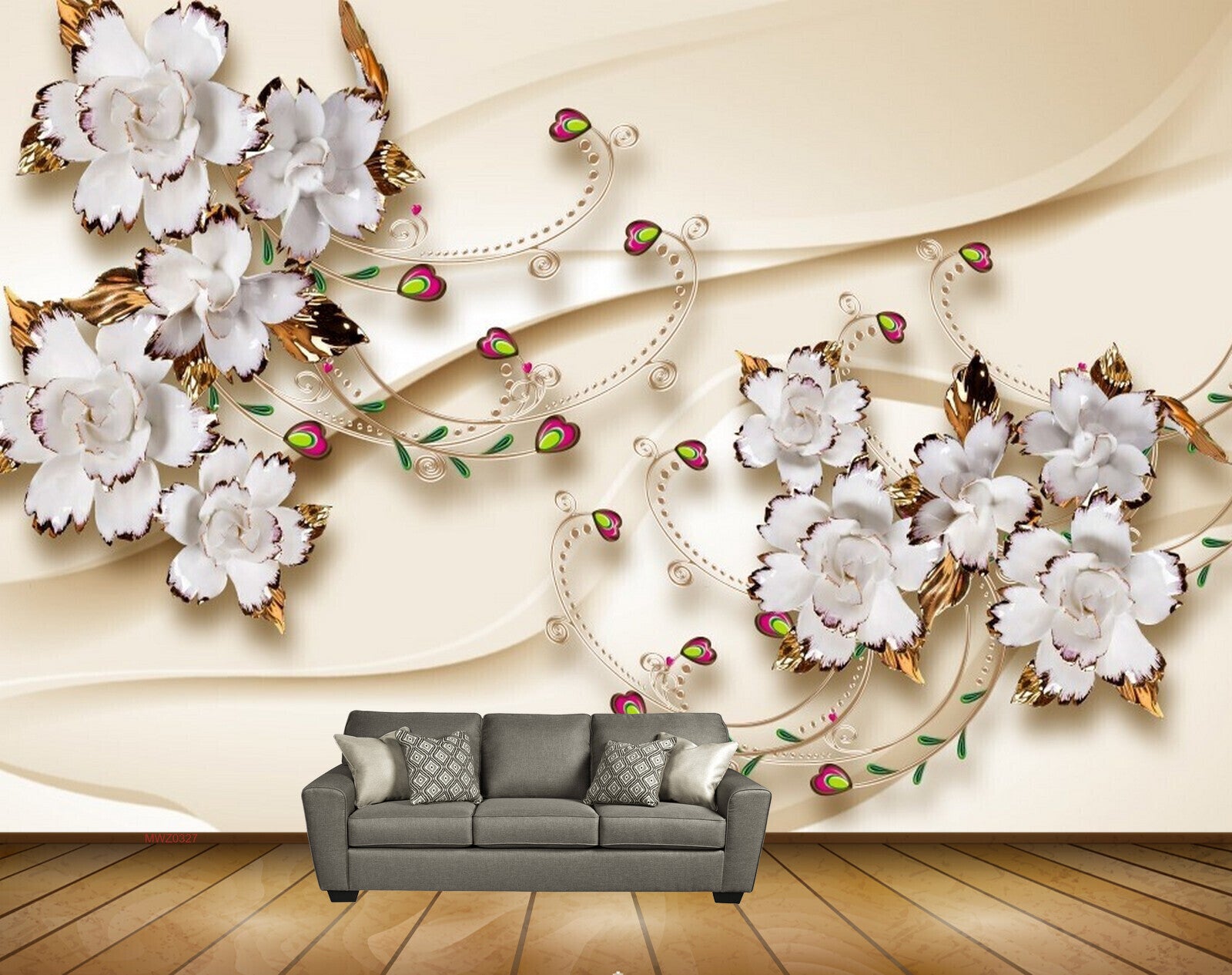 Avikalp MWZ0327 White Gold Flowers 3D HD Wallpaper