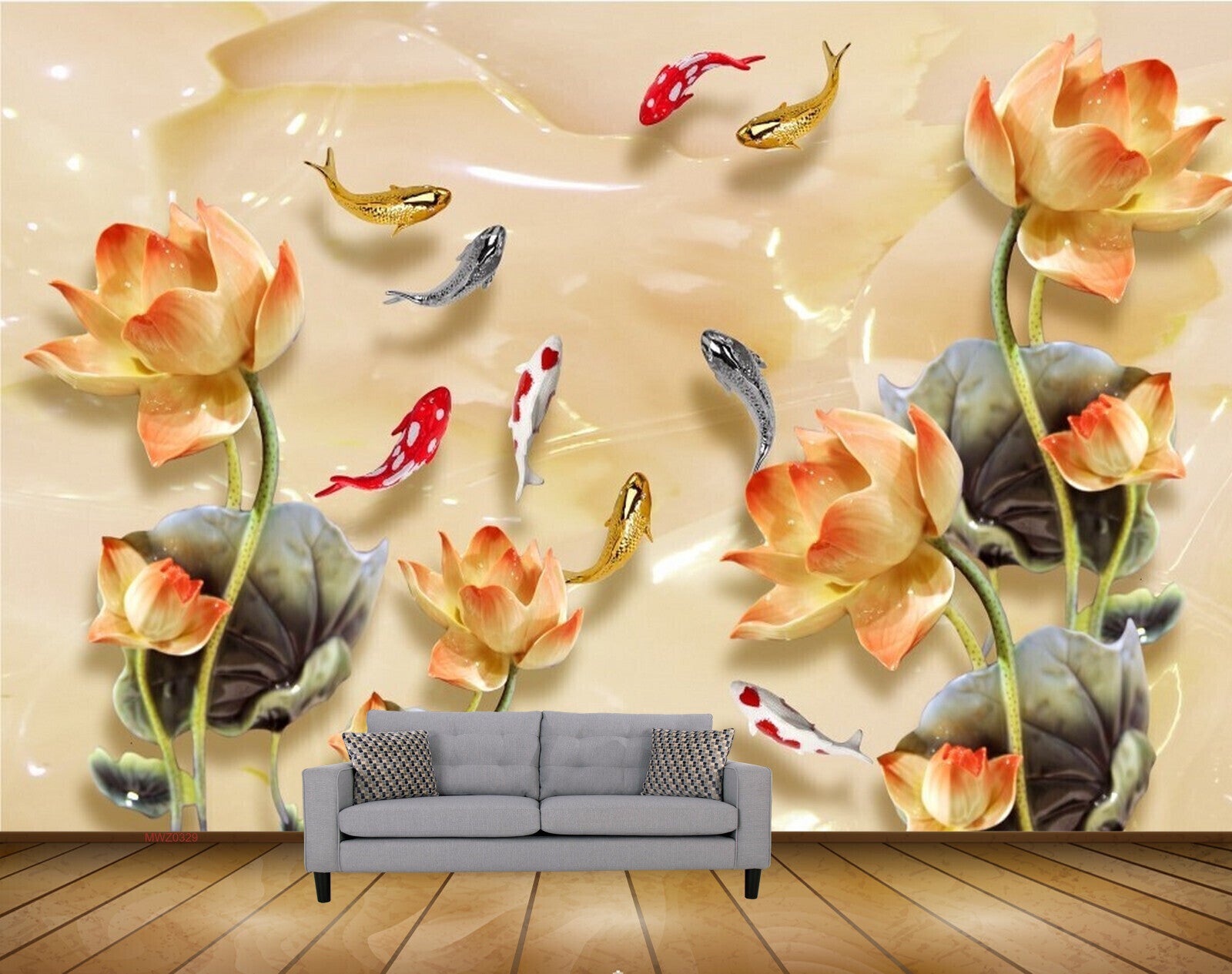 Avikalp MWZ0329 Orange Yellow Flowers Fishes 3D HD Wallpaper