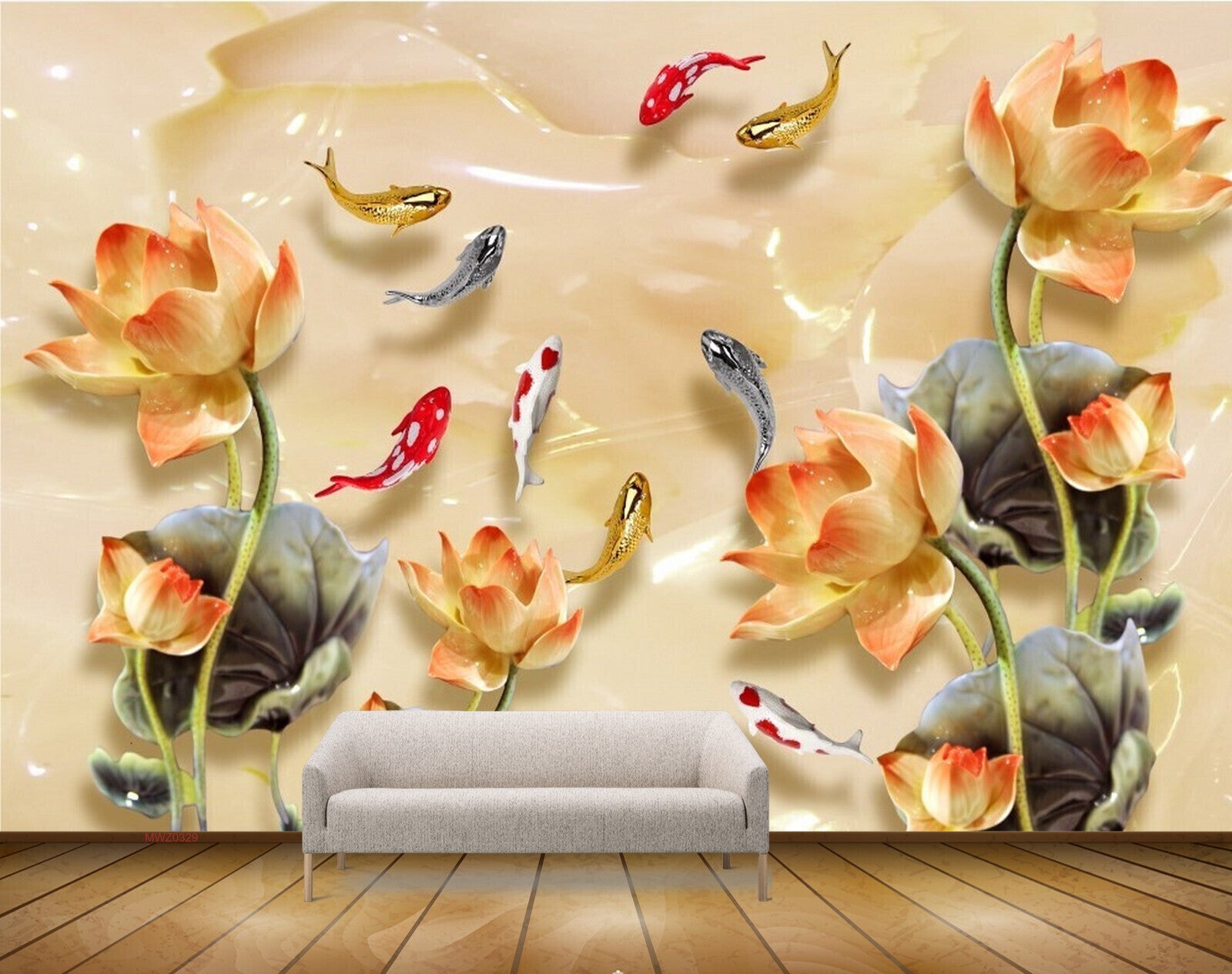 Avikalp MWZ0329 Orange Yellow Flowers Fishes 3D HD Wallpaper