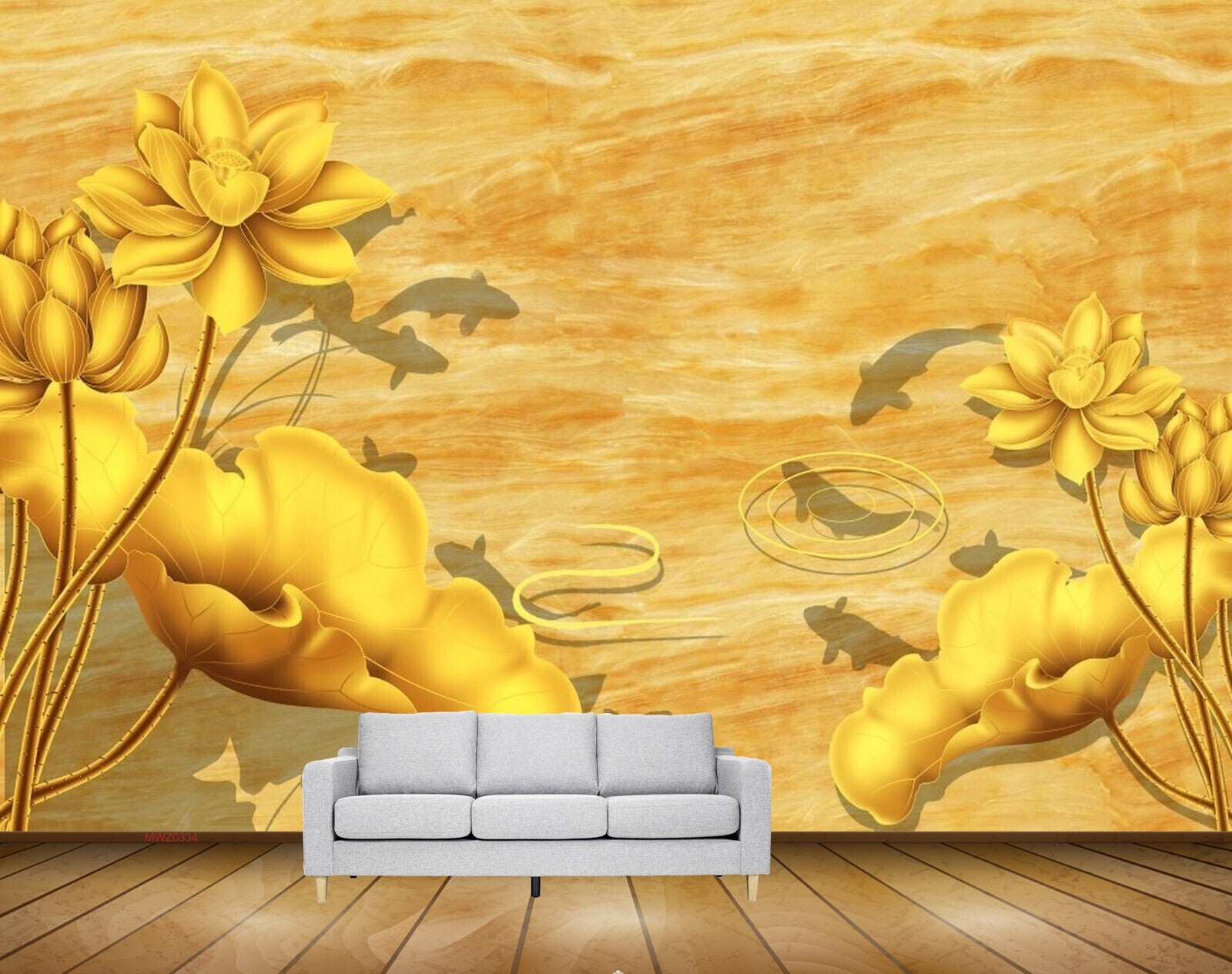 Avikalp MWZ0334 Yellow Flowers River Fishes 3D HD Wallpaper