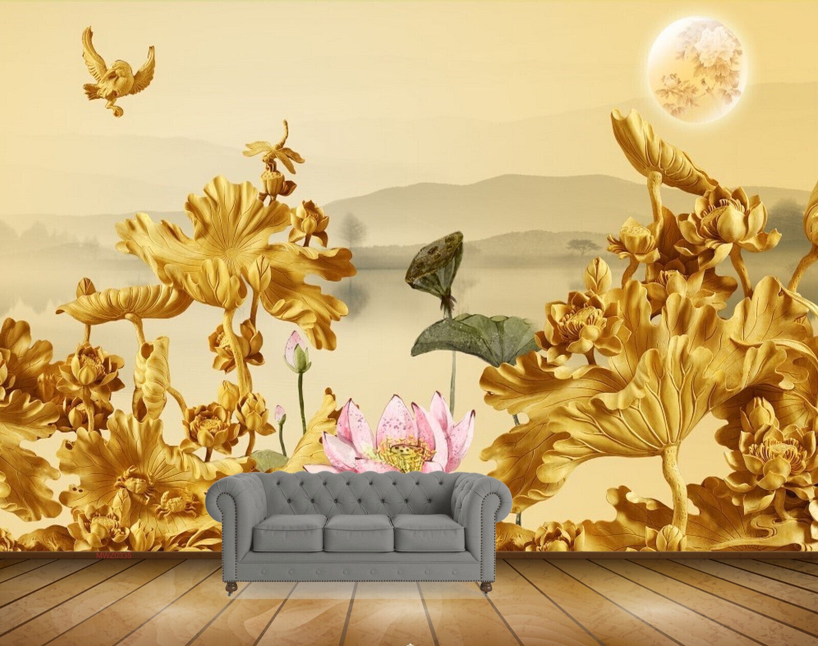 Avikalp MWZ0335 Pink Lotus Orange Flowers Sun Butterflies Birds 3D HD Wallpaper