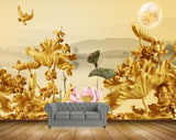 Avikalp MWZ0335 Pink Lotus Orange Flowers Sun Butterflies Birds 3D HD Wallpaper