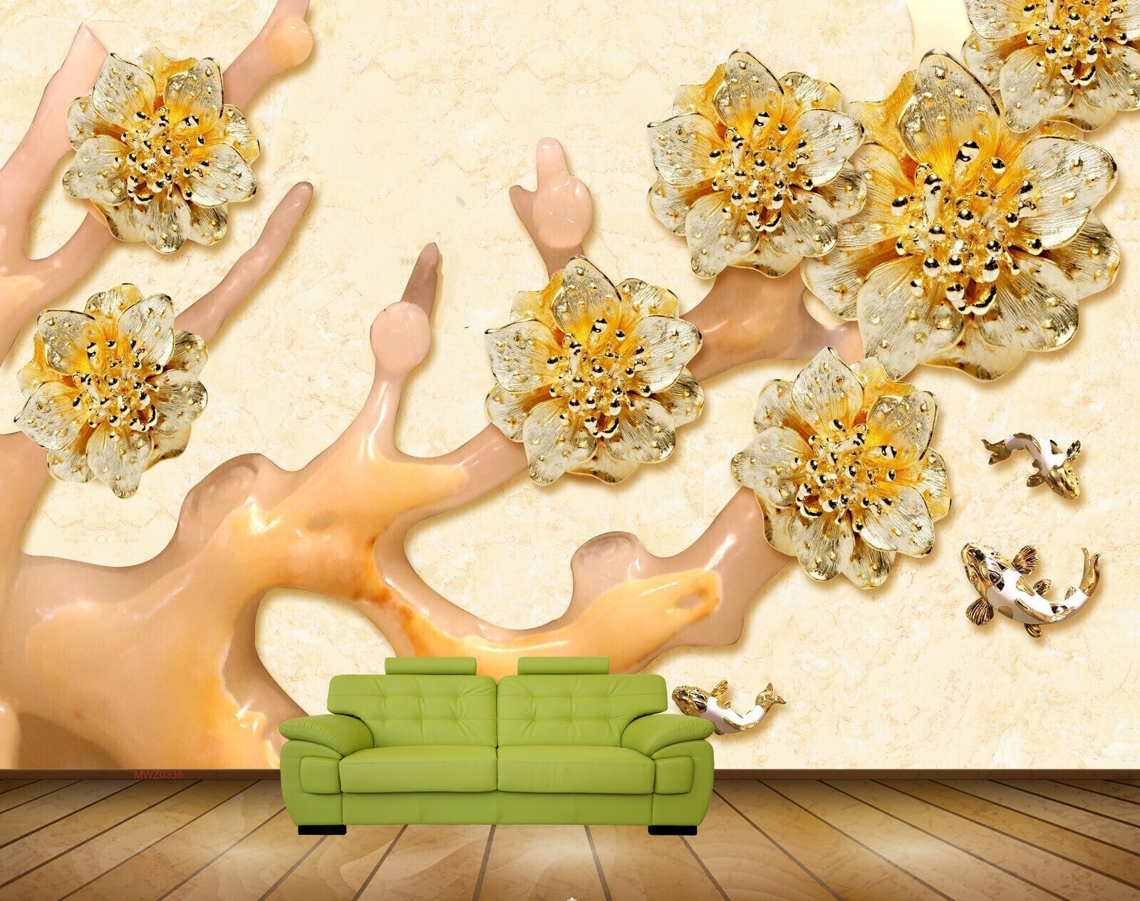 Avikalp MWZ0338 Yellow White FLowers Fishes HD Wallpaper
