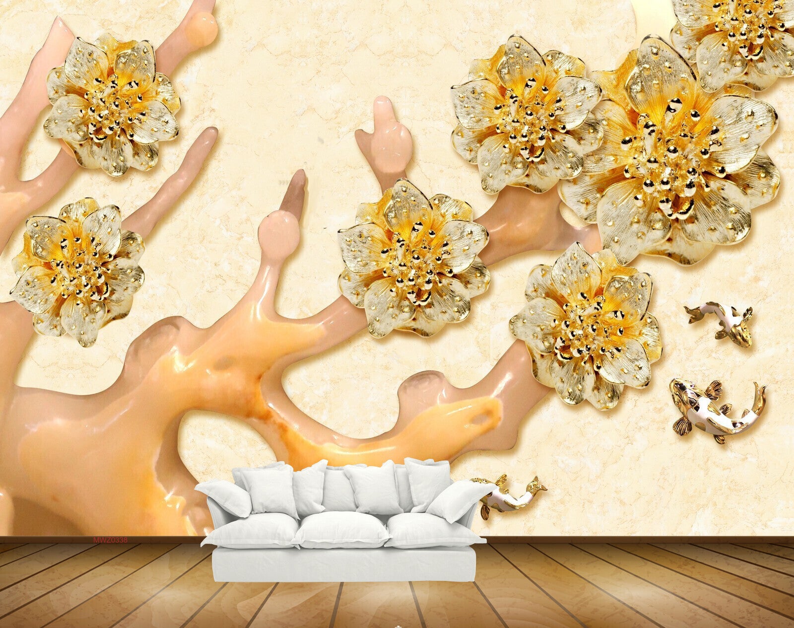 Avikalp MWZ0338 Yellow White FLowers Fishes 3D HD Wallpaper