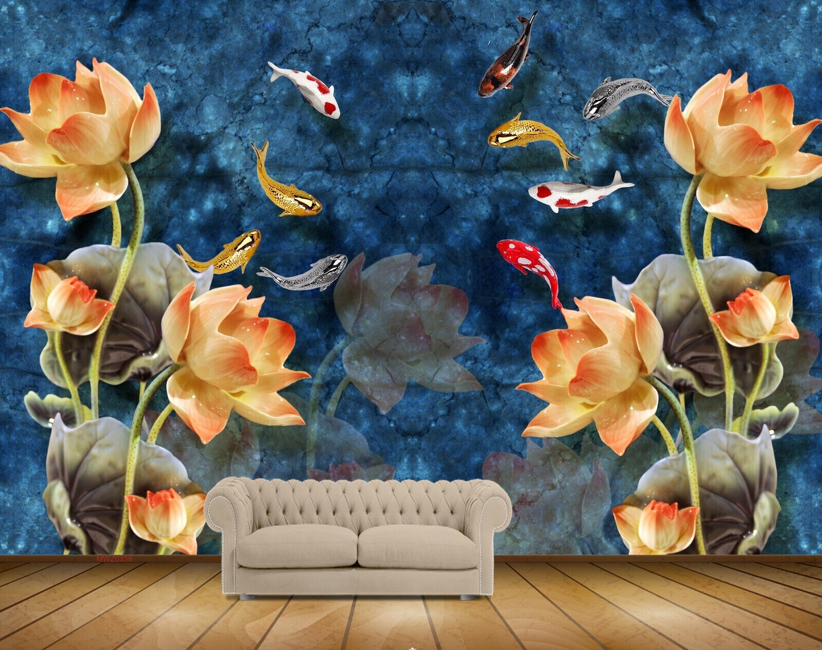 Avikalp MWZ0339 Orange Flowers Fishes 3D HD Wallpaper
