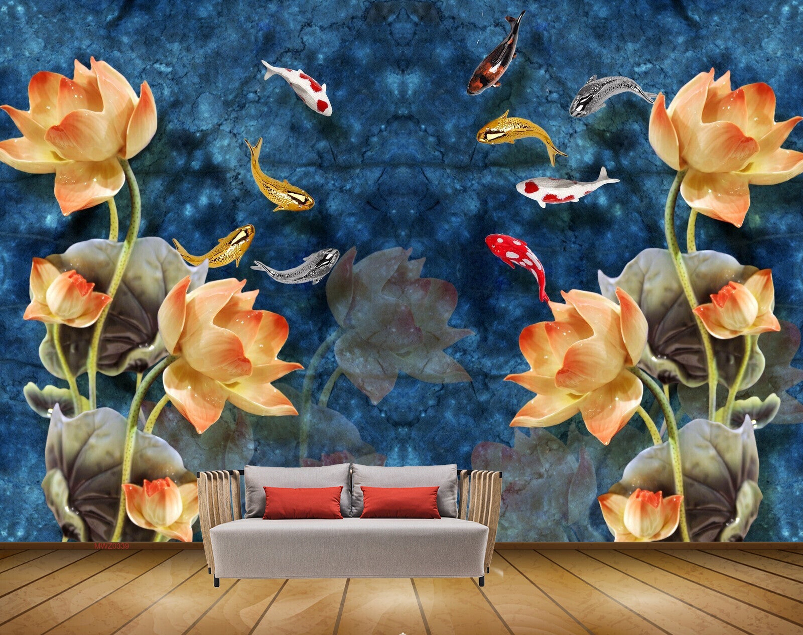 Avikalp MWZ0339 Orange Flowers Fishes 3D HD Wallpaper