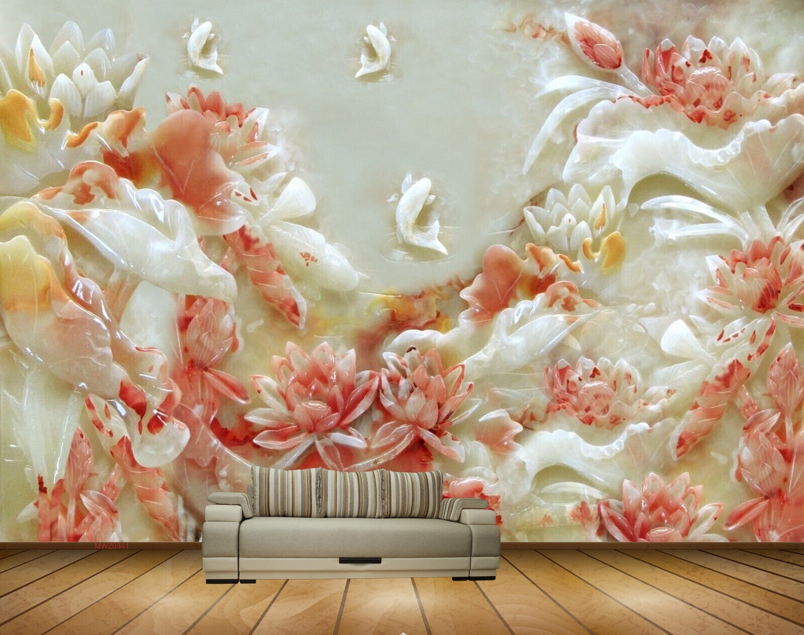 Avikalp MWZ0341 Red White Flowers Fishes 3D HD Wallpaper