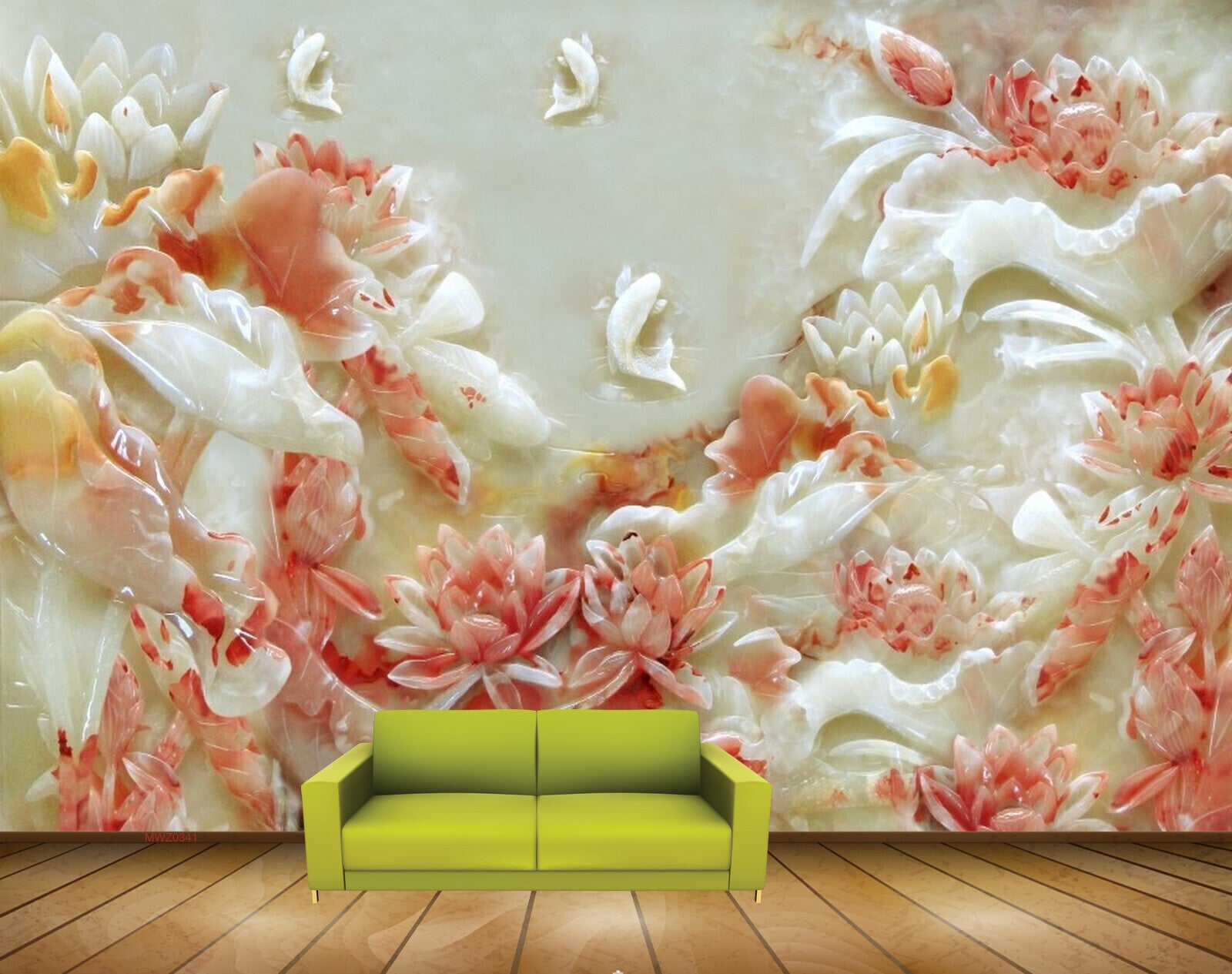 Avikalp MWZ0341 Red White Flowers Fishes 3D HD Wallpaper
