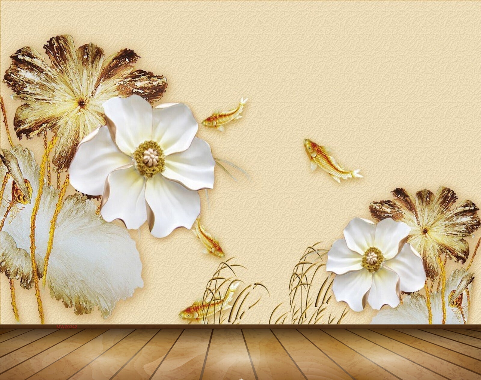 Avikalp MWZ0342 White Gold Flowers Fishes 3D HD Wallpaper