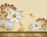 Avikalp MWZ0342 White Gold Flowers Fishes 3D HD Wallpaper