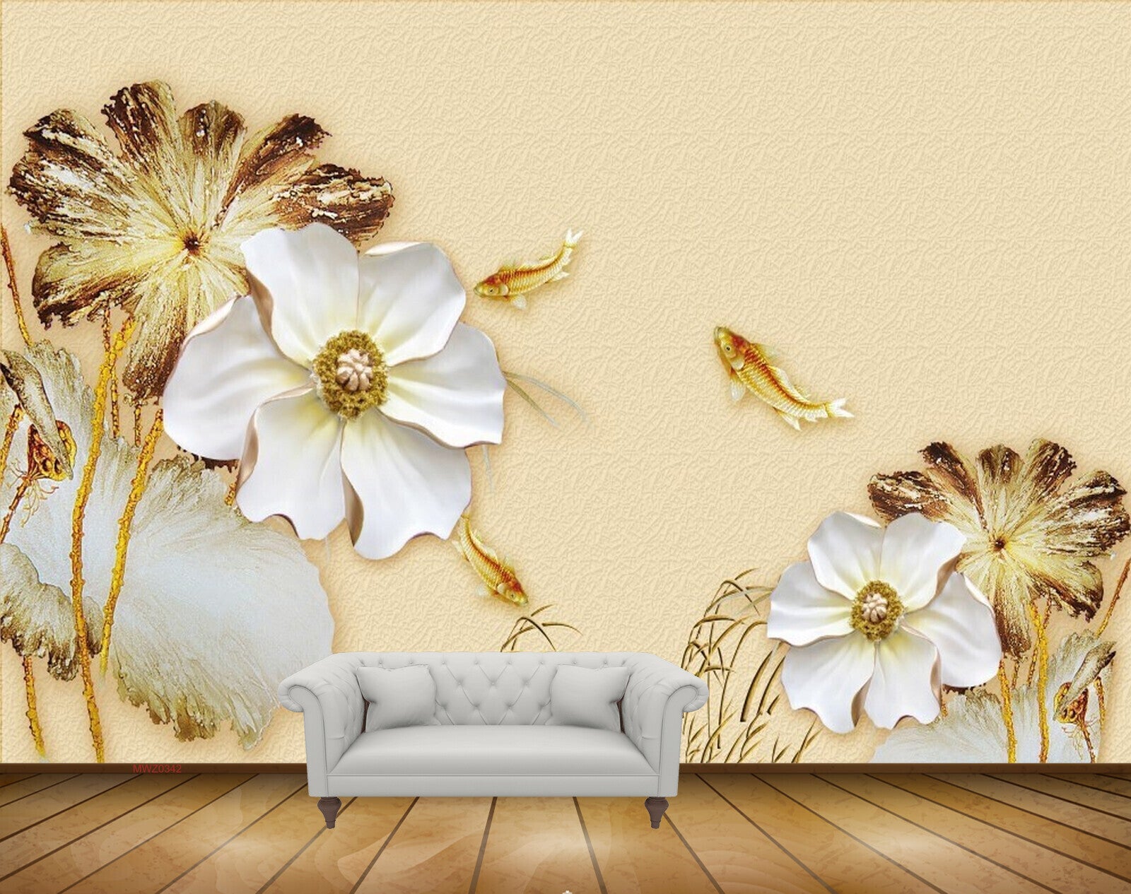 Avikalp MWZ0342 White Gold Flowers Fishes 3D HD Wallpaper