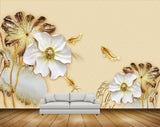 Avikalp MWZ0342 White Gold Flowers Fishes 3D HD Wallpaper