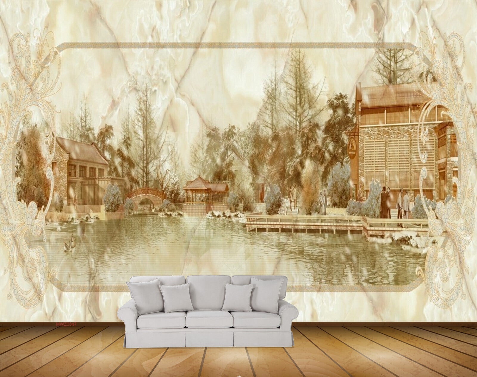 Avikalp MWZ0347 Trees River Houses People 3D HD Wallpaper
