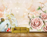 Avikalp MWZ0348 Peacocks Pink Flowers Leaves 3D HD Wallpaper