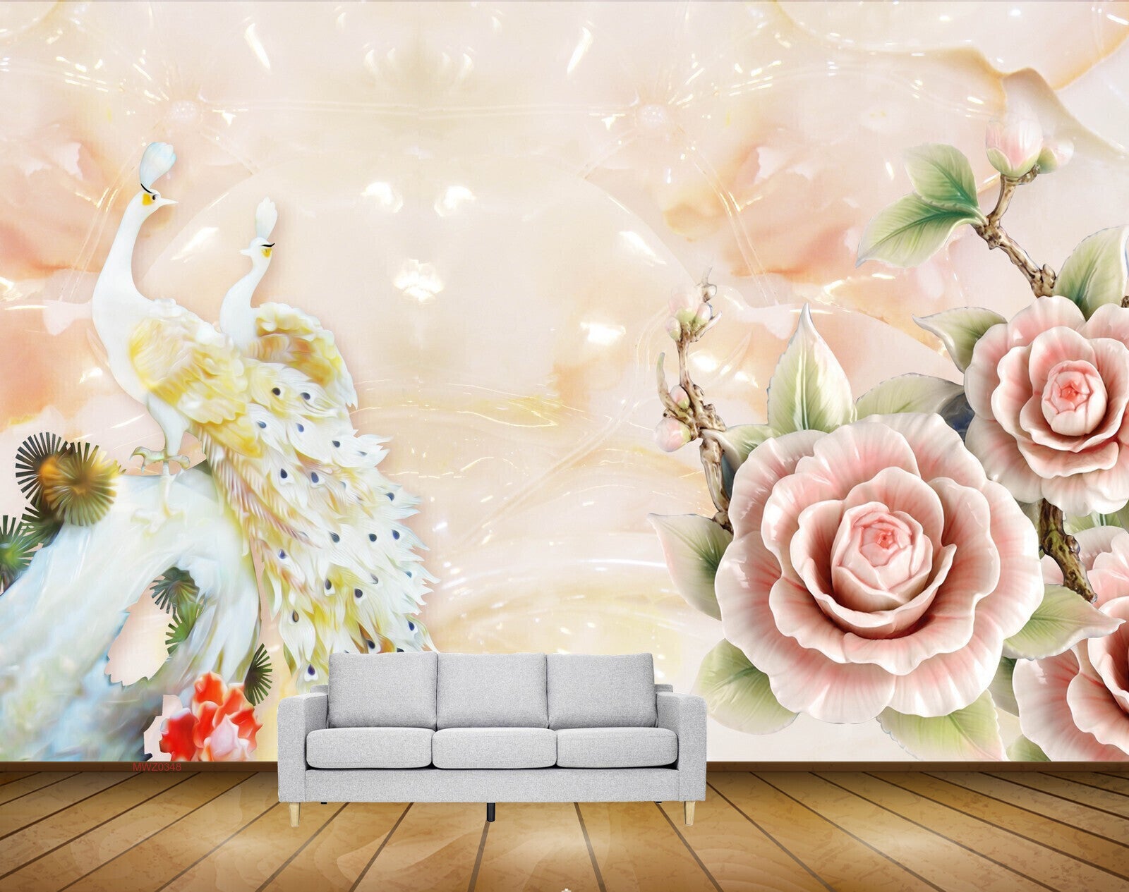 Avikalp MWZ0348 Peacocks Pink Flowers Leaves 3D HD Wallpaper