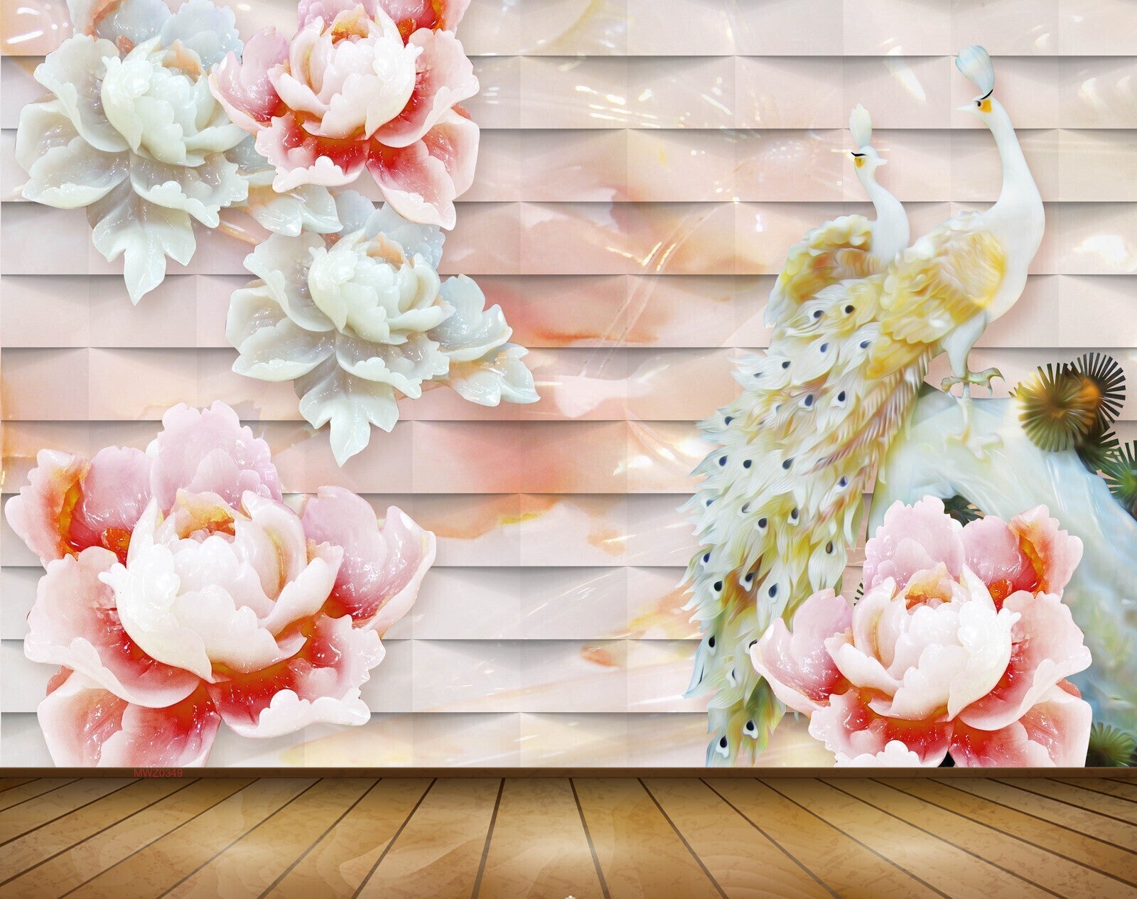 Avikalp MWZ0349 Peacocks White Red Flowers 3D HD Wallpaper