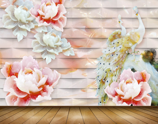 Avikalp MWZ0349 Peacocks White Red Flowers 3D HD Wallpaper