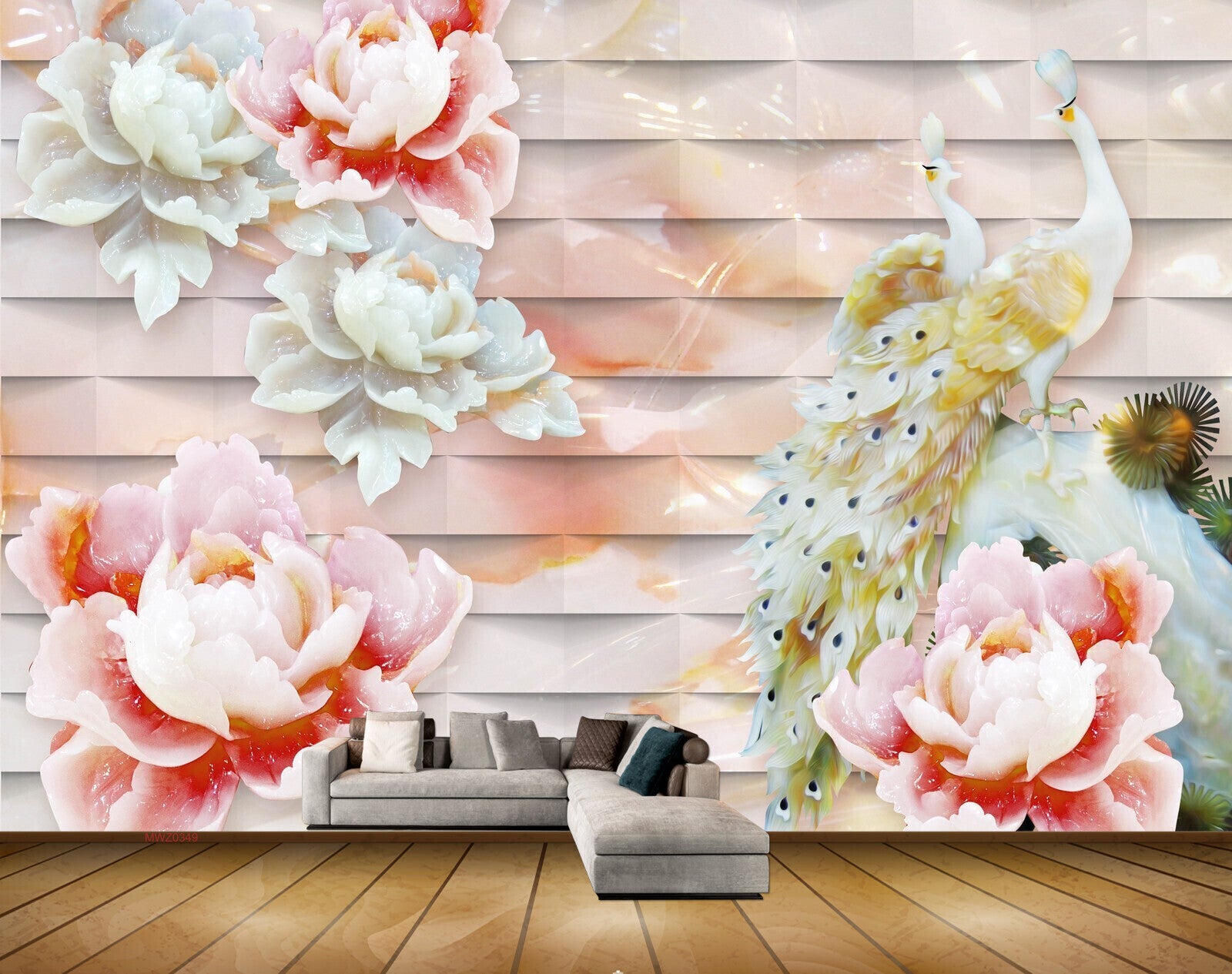 Avikalp MWZ0349 Peacocks White Red Flowers 3D HD Wallpaper