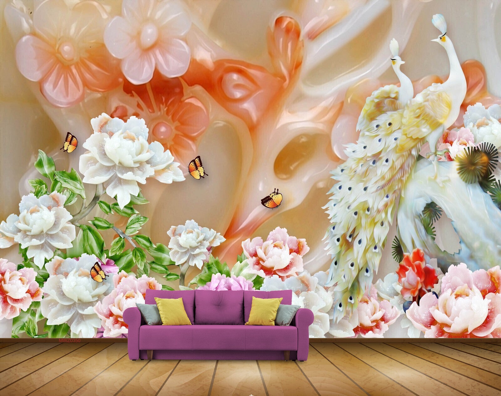 Avikalp MWZ0350 White Pink Flowers Peacocks Butterflies HD Wallpaper