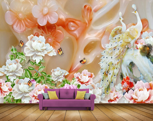Avikalp MWZ0350 White Pink Flowers Peacocks Butterflies HD Wallpaper