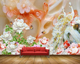 Avikalp MWZ0350 White Pink Flowers Peacocks Butterflies 3D HD Wallpaper