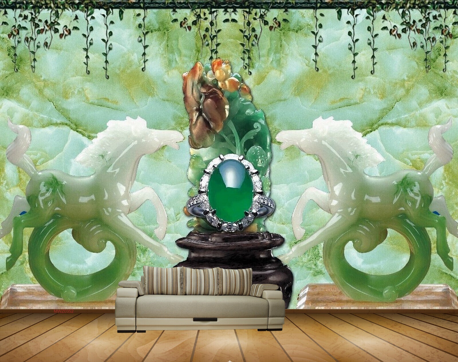 Avikalp MWZ0352 White Green Horses Chair Creepers 3D HD Wallpaper
