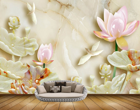 Avikalp MWZ0354 Pink White Lotus Flowers Birds HD Wallpaper