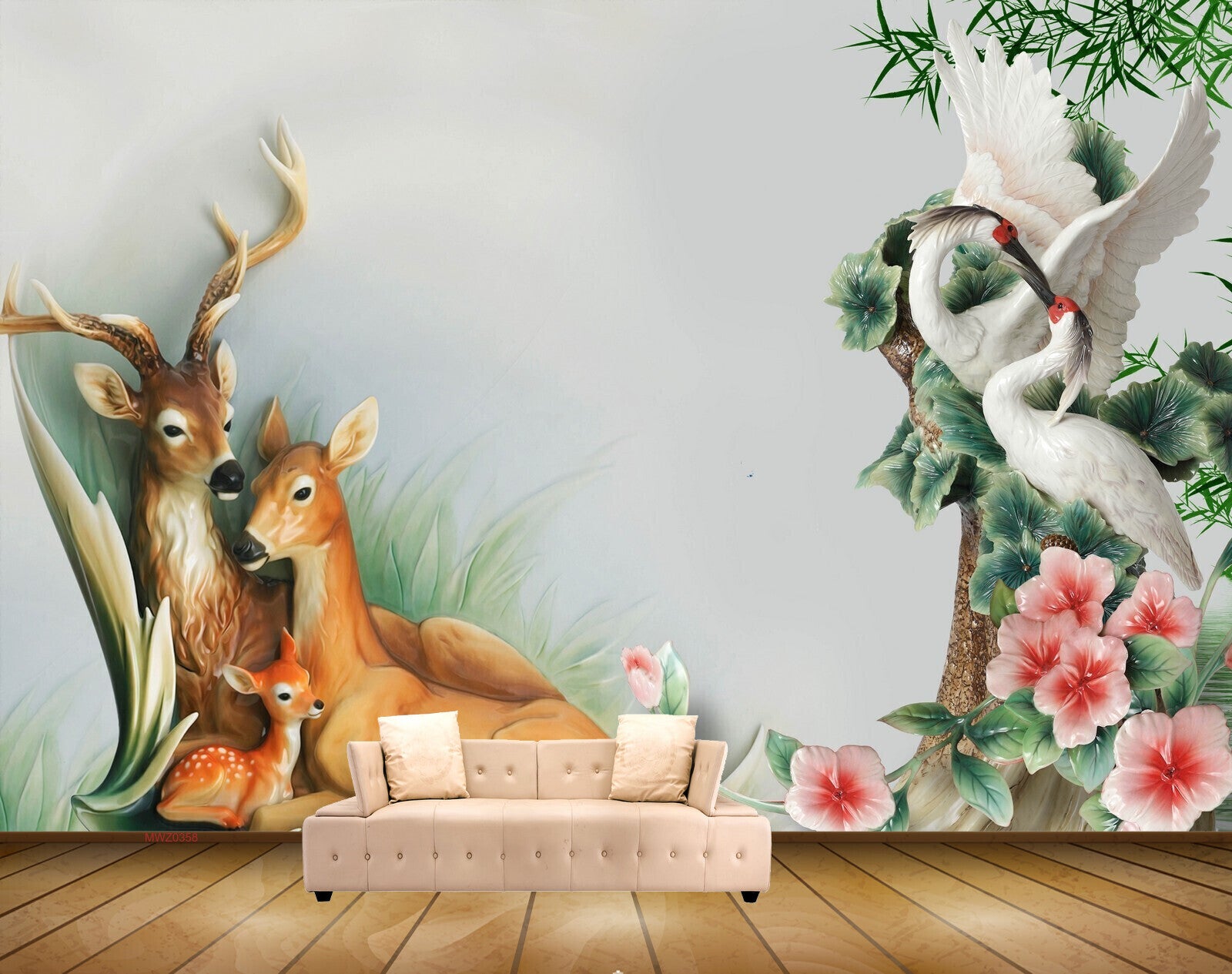 Avikalp MWZ0358 Deers Swans Pink White Flowers Trees 3D HD Wallpaper
