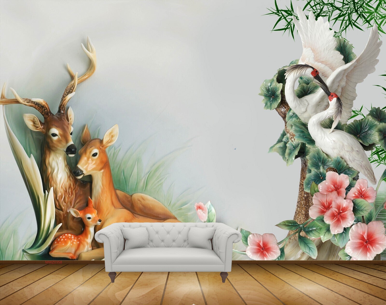 Avikalp MWZ0358 Deers Swans Pink White Flowers Trees 3D HD Wallpaper