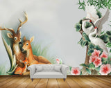 Avikalp MWZ0358 Deers Swans Pink White Flowers Trees 3D HD Wallpaper