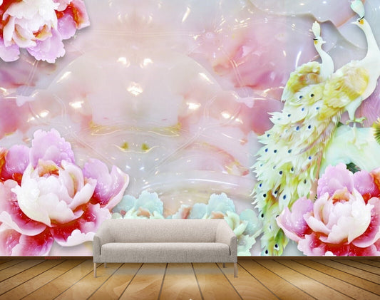 Avikalp MWZ0371 Peacocks White Pink Flowers HD Wallpaper