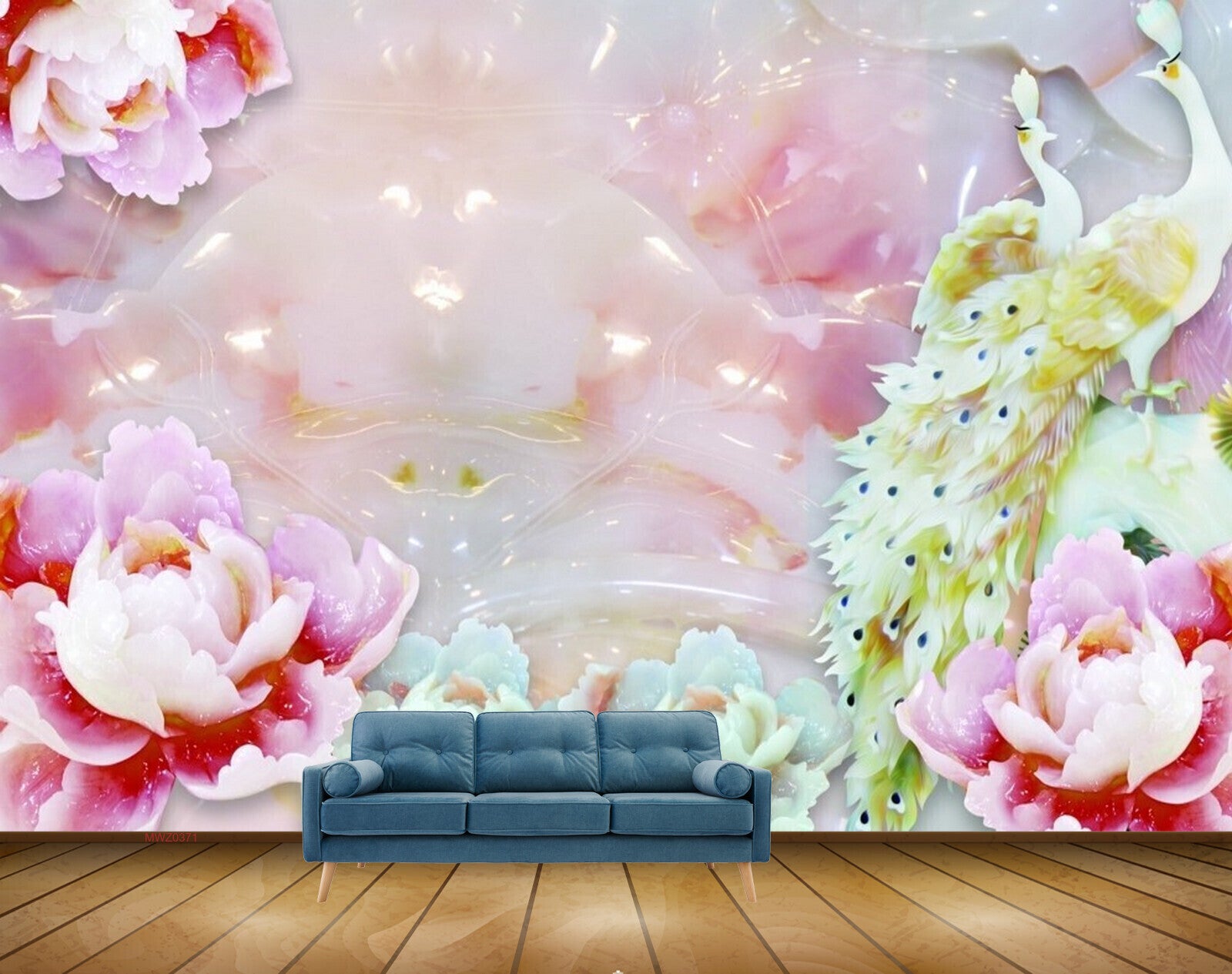 Avikalp MWZ0371 Peacocks White Pink Flowers 3D HD Wallpaper