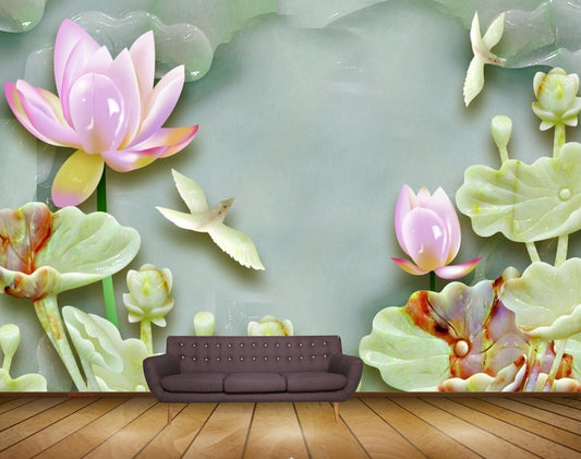 Avikalp MWZ0379 Green Pink Lotus Flower Birds HD Wallpaper