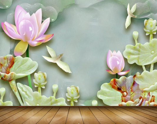 Avikalp MWZ0379 Green Pink Lotus Flower Birds 3D HD Wallpaper