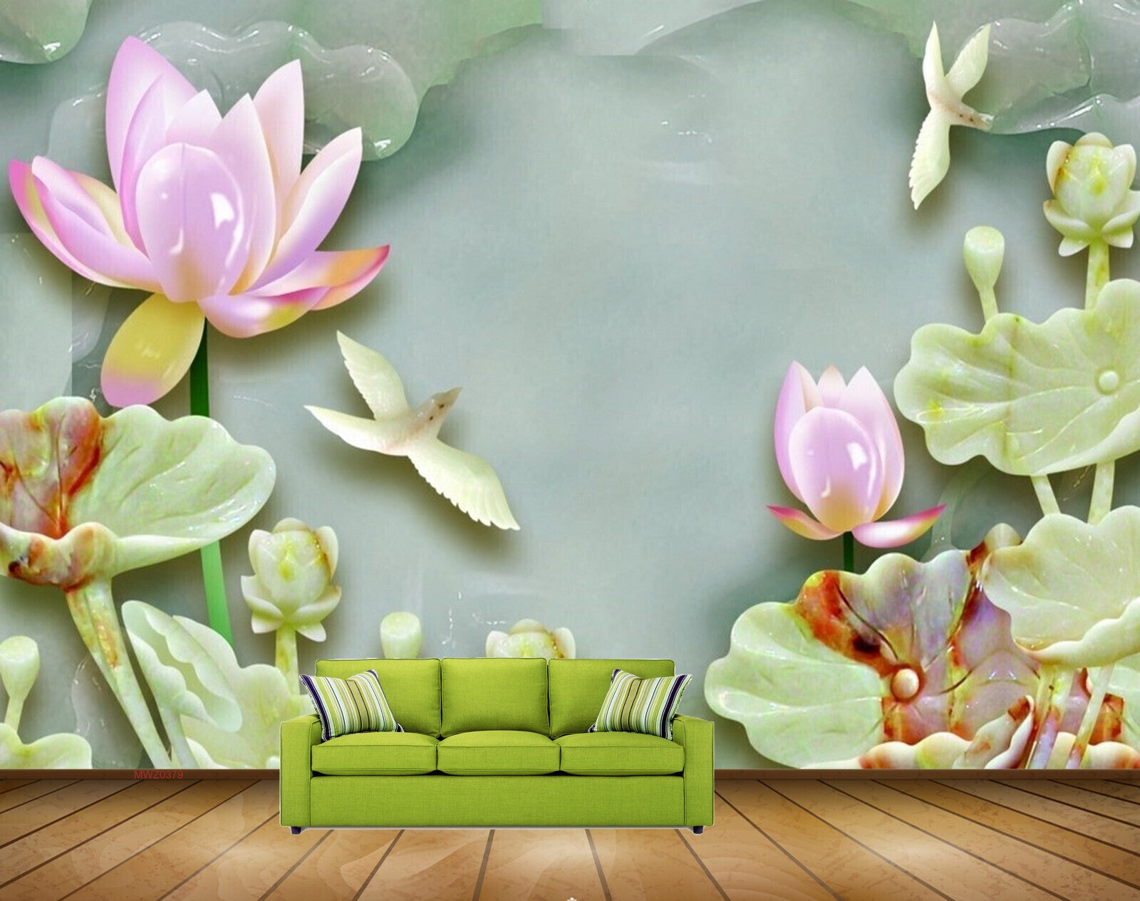 Avikalp MWZ0379 Green Pink Lotus Flower Birds 3D HD Wallpaper