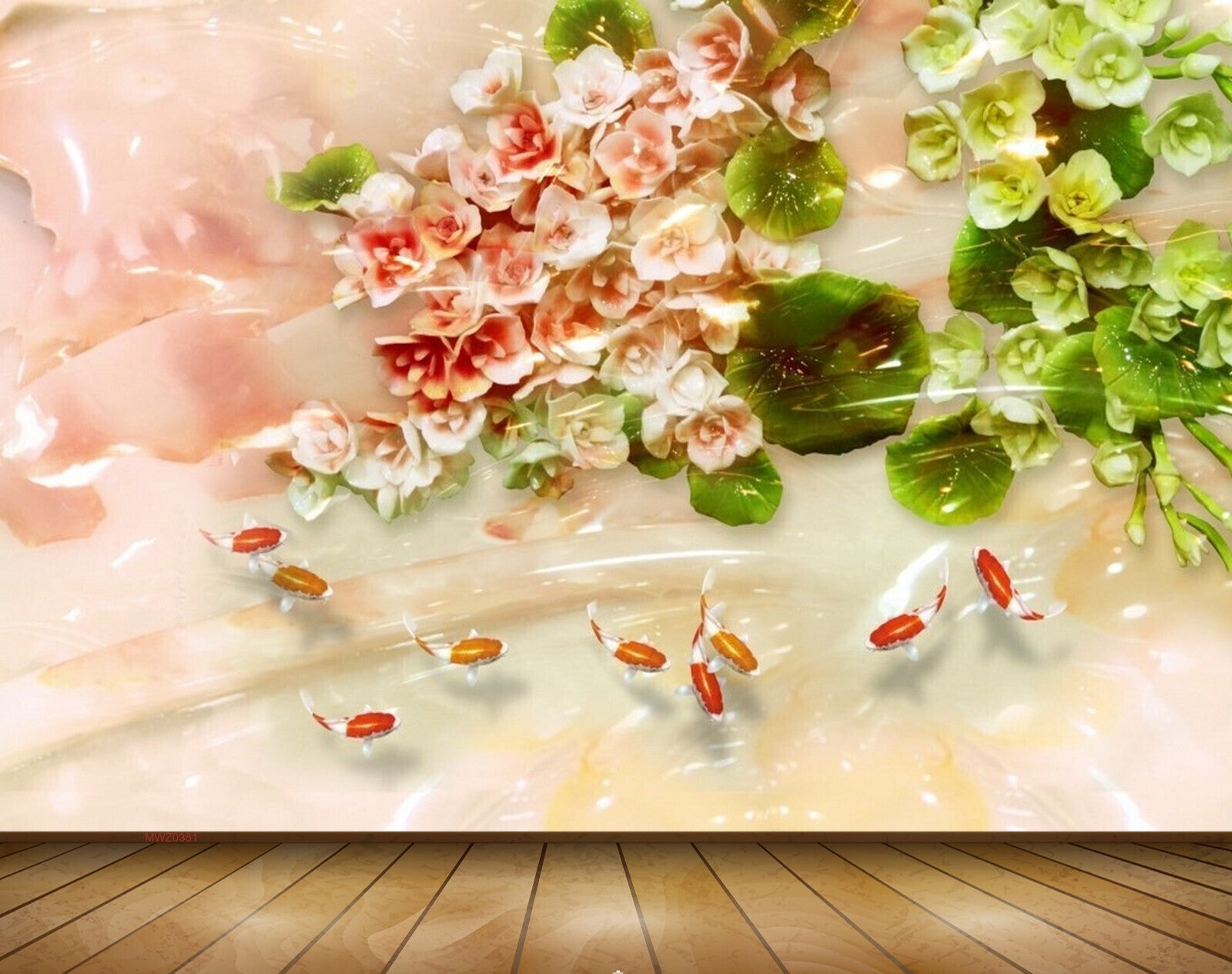 Avikalp MWZ0381 Pink White Flowers Fishes Leaves 3D HD Wallpaper