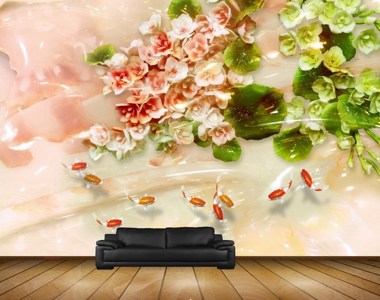 Avikalp MWZ0381 Pink White Flowers Fishes Leaves 3D HD Wallpaper
