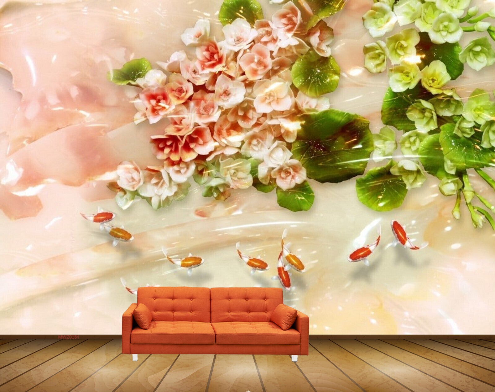 Avikalp MWZ0381 Pink White Flowers Fishes Leaves 3D HD Wallpaper