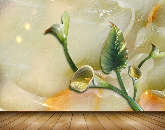 Avikalp MWZ0382 Green Yellow Flowers Leaves 3D HD Wallpaper