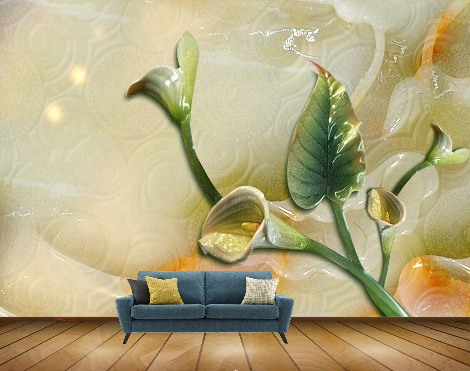 Avikalp MWZ0382 Green Yellow Flowers Leaves 3D HD Wallpaper
