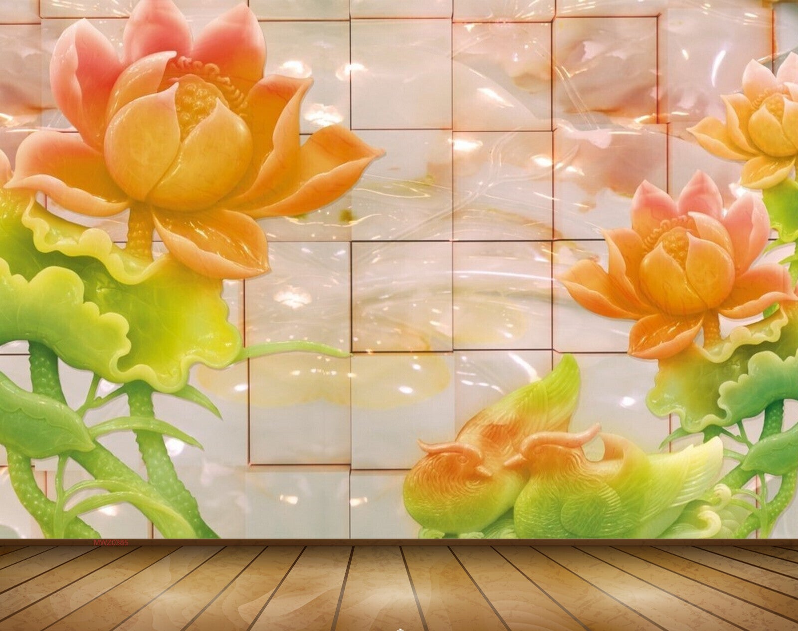 Avikalp MWZ0385 Pink Orange Flowers Birds Leaves 3D HD Wallpaper