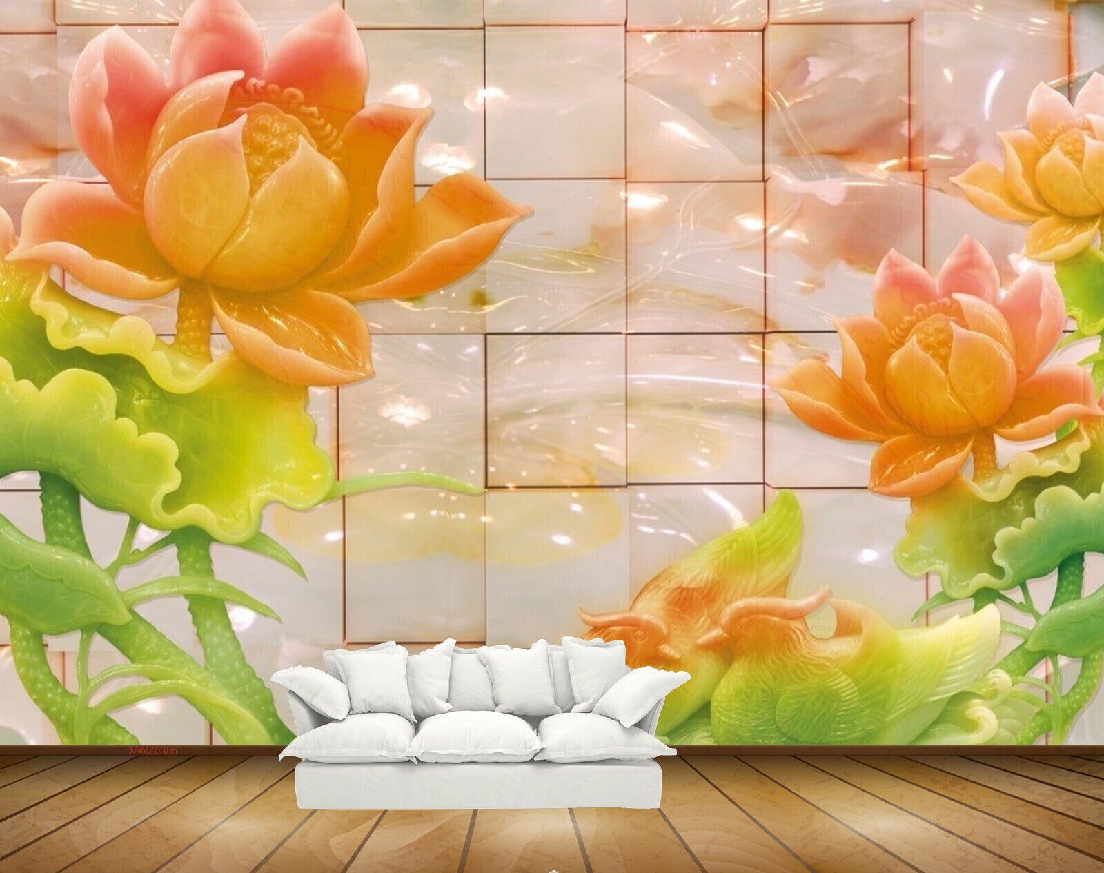 Avikalp MWZ0385 Pink Orange Flowers Birds Leaves 3D HD Wallpaper