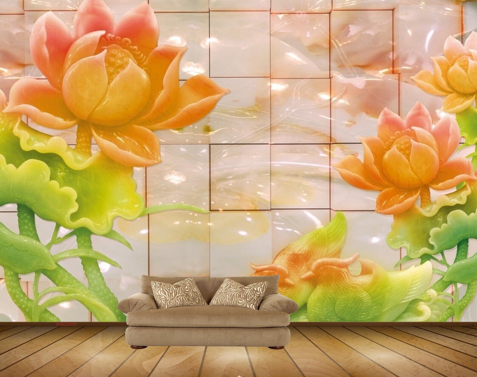 Avikalp MWZ0385 Pink Orange Flowers Birds Leaves 3D HD Wallpaper
