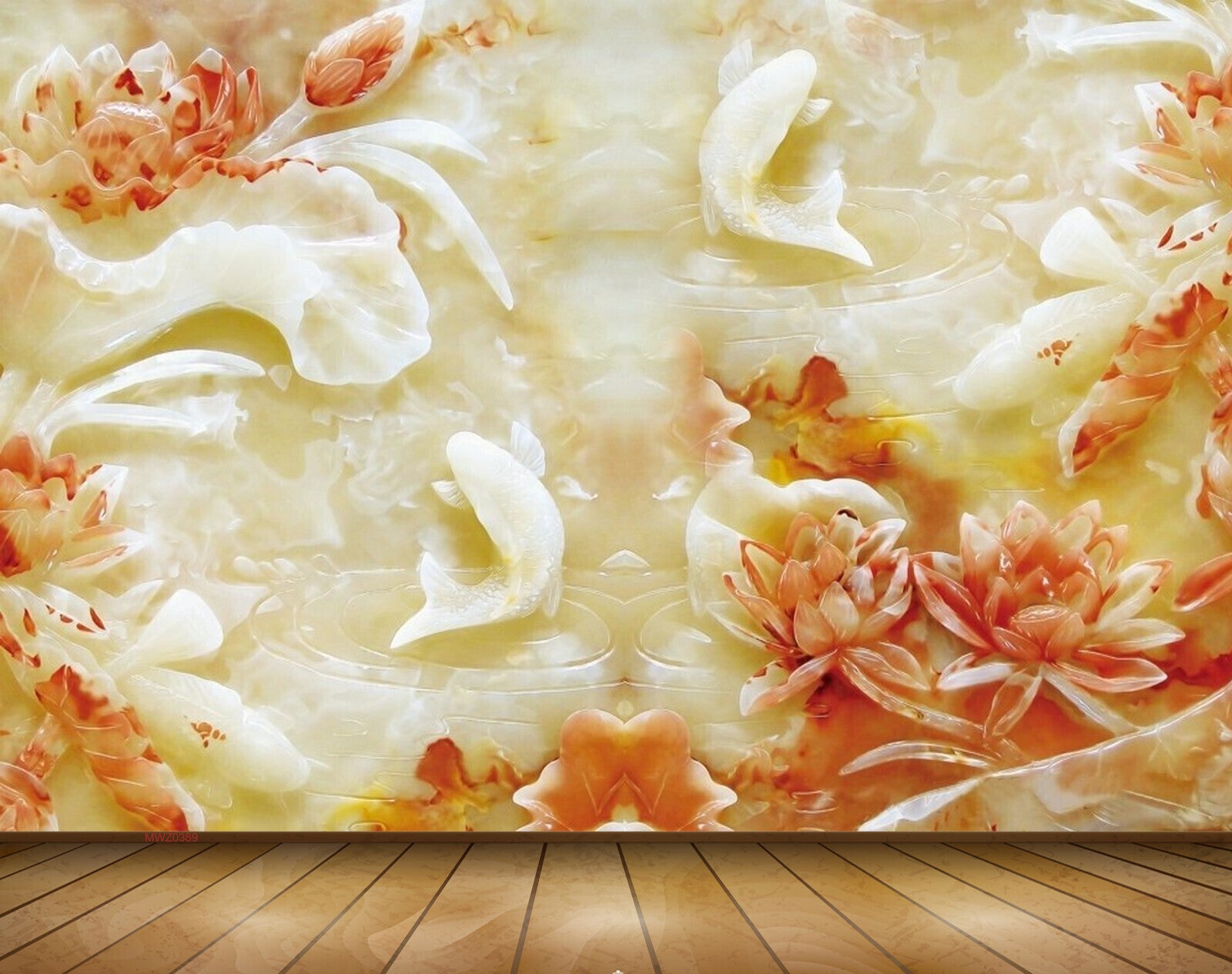 Avikalp MWZ0389 Orange Flowers White Yellow Fishes 3D HD Wallpaper